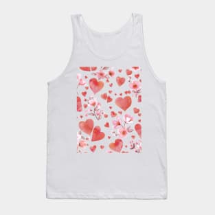 Hearts and Cherry blossom flowers watercolor print. Pink romantic valentine composition. Spring Sakura blossom Tank Top